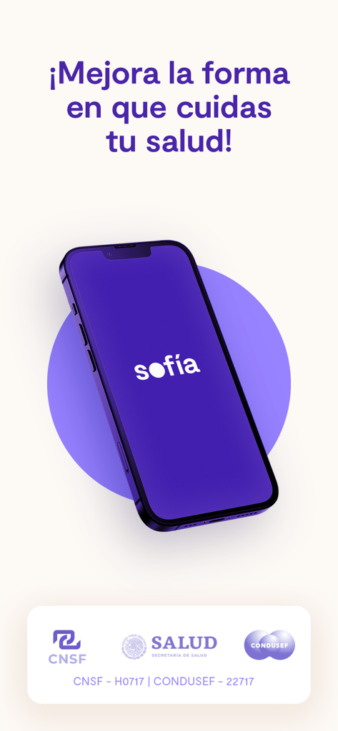 Sofía - Interface do aplicativo de seguro de saúde digital Sofia em um smartphone com logotipos oficiais de regulamentação mexicana