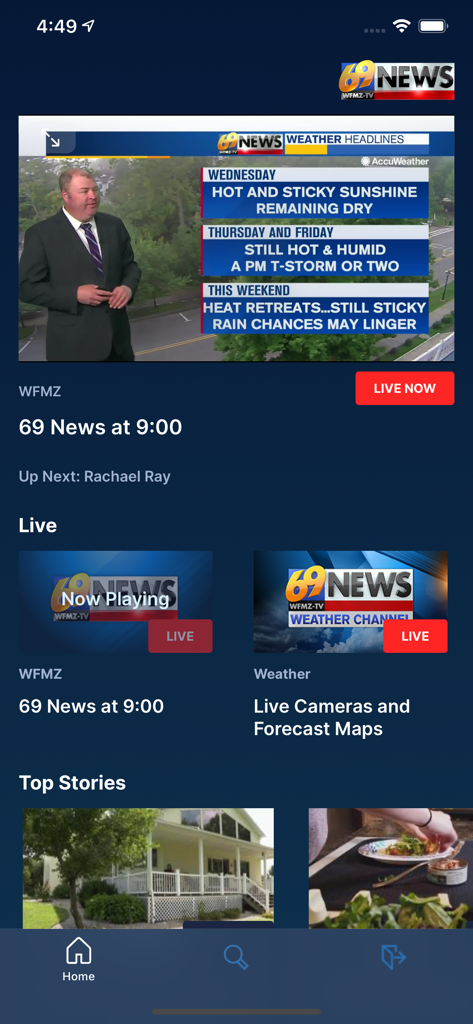 WFMZ plus mobile app interface showing live news and local weather forecast