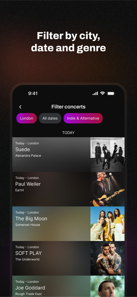Songkick Concerts - Pantalla de la aplicación Songkick que muestra listados de conciertos con filtros por ciudad, fecha y género