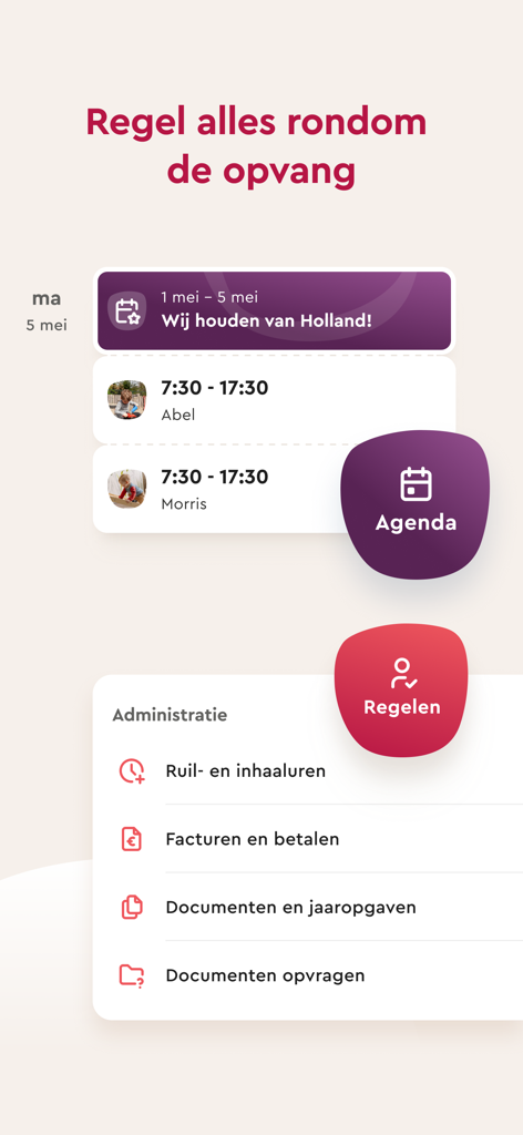 Partou kinderopvang - Partou app interface for parents to manage childcare schedules and administrative documents