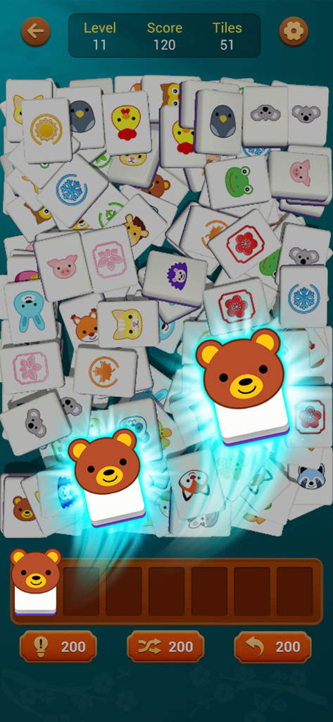 A screenshot of Mahjong Triple Match gameplay showing 3D animal tiles being matched on a screen with level and score stats.