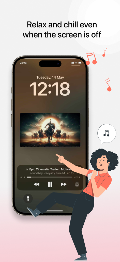 iPhone lock screen showing the 9Tube app playing music while the display is off.