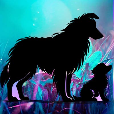 silhouette of a shepherd with his still and baby dog