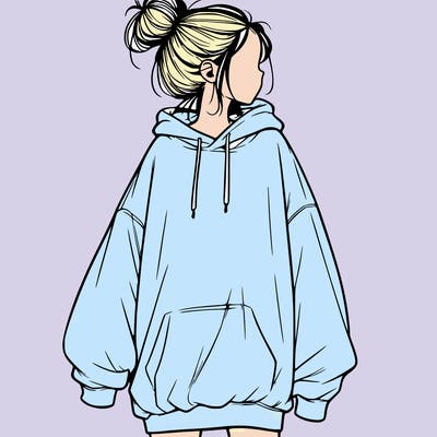 realistic girl with a oversized sweatshirt on and a bun