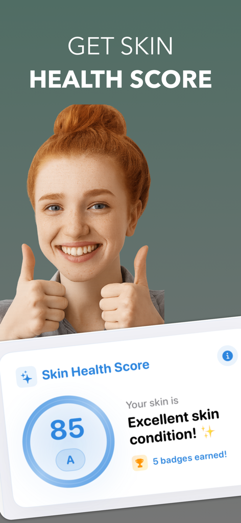 Face Skin Care Analysis⋆ - 85점의 우수한 피부 건강 점수를 보여주는 디지털 보고서 옆에서 엄지손가락을 치켜세우는 웃는 여성