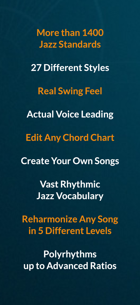 Genius Jamtracks - A list of features for the Genius Jamtracks app including jazz standards and advanced rhythmic tools