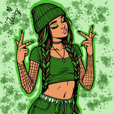 realistic teenage girl with braids and a beanie and crop top doing 🫶🏼