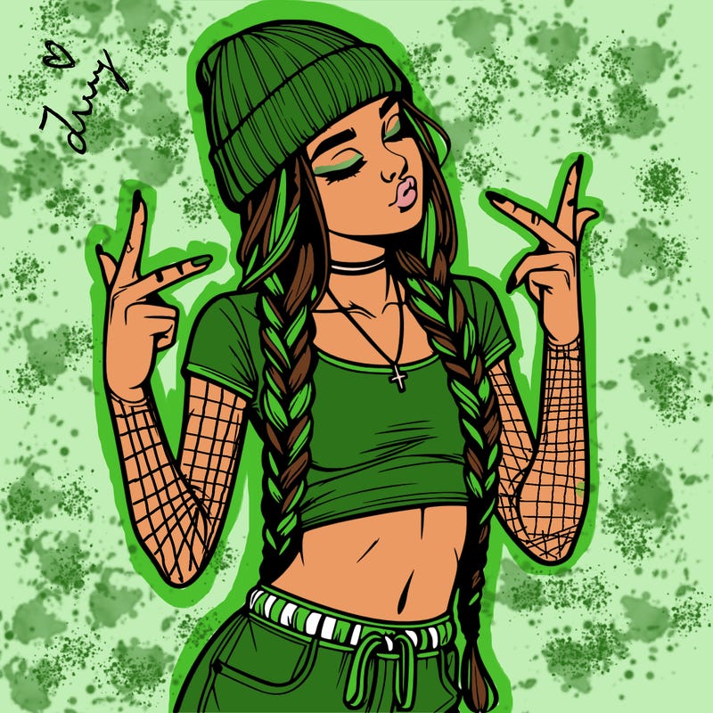 realistic teenage girl with braids and a beanie and crop top doing 🫶🏼