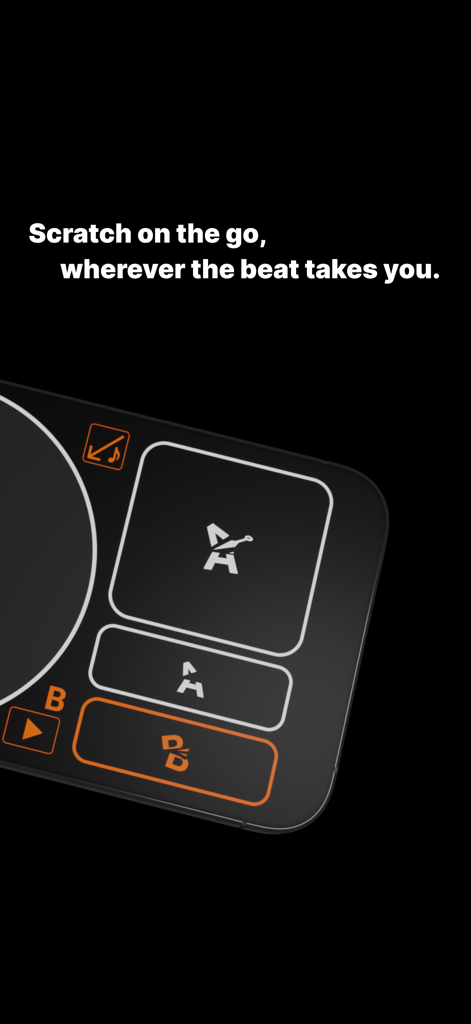 SHINOBI DJ mobile app interface on a smartphone with the slogan Scratch on the go, wherever the beat takes you.
