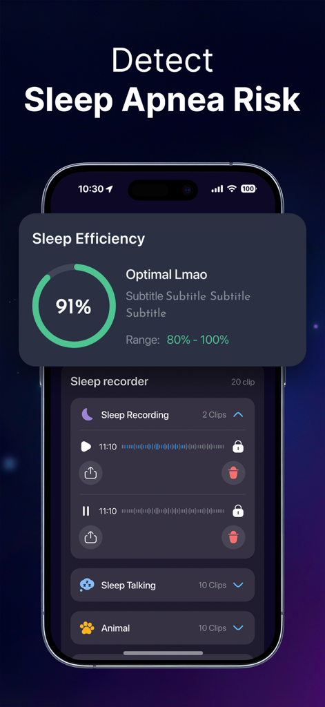 Snoozy: Sleep Sounds & Tracker - Snoozy app screen showing sleep efficiency at 91 percent and a sleep sound recorder with audio clips