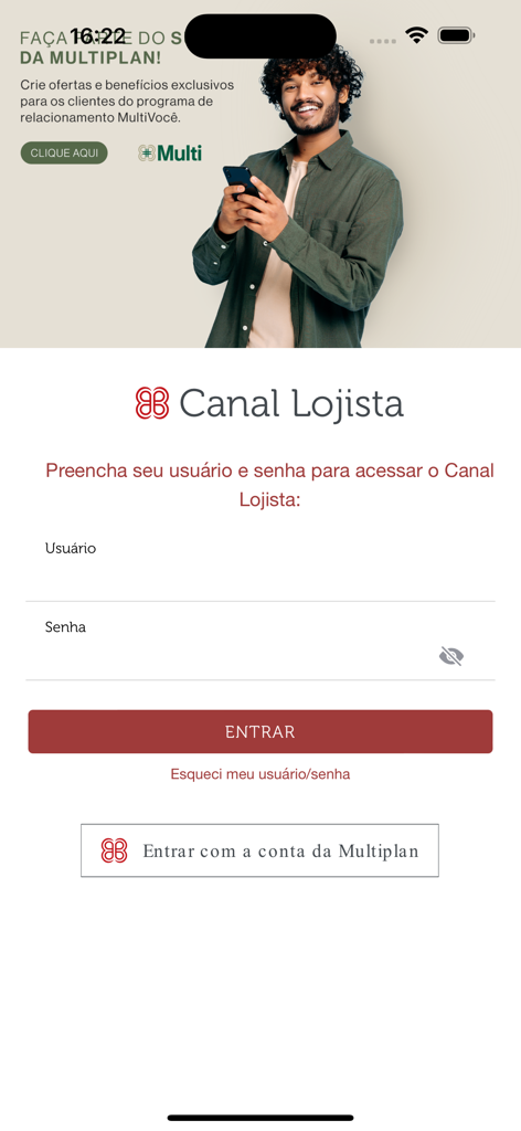 Canal Lojista - Login screen for the Canal Lojista business app for retail store managers