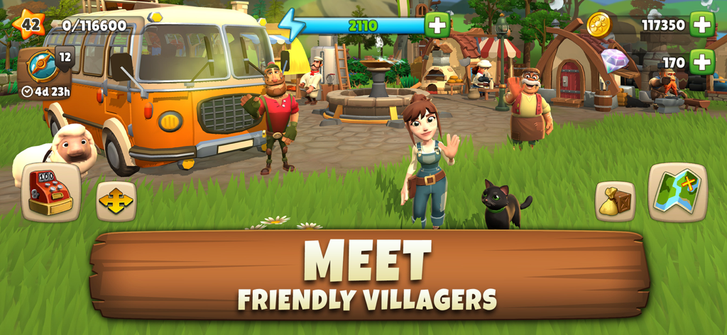 Sunrise Village Adventure Game - In-Game-Screenshot des Abenteuerspiels Sunrise Village, der vielfältige Charaktere und einen Vintage-gelben Bus in einer friedlichen Dorfgemeinschaft zeigt.