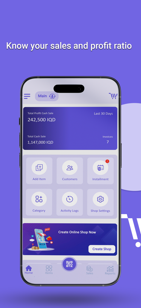 Dashboard des Wise Sale POS-Systems mit Anzeige von Gesamtgewinn und Bargeldumsatz