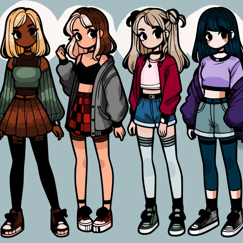 one girl with crop-top shirt and a jacket with a skirt, long socks and another girl with a shirt and pants with a jacket