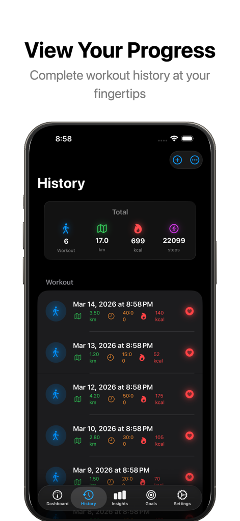 A screenshot of the wPad app history screen showing a list of past walking workouts with steps and calories tracked.
