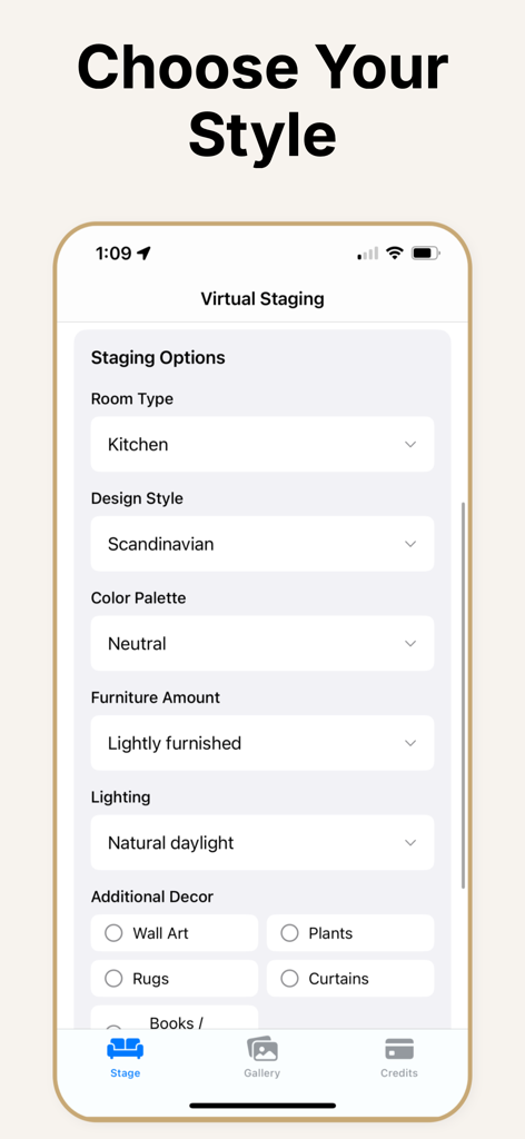Virtual Staging AI Real Estate - Interface do aplicativo Virtual Staging AI mostrando opções de design para tipo de cômodo, estilo, paleta de cores e quantidade de móveis