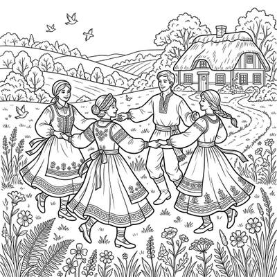 Step into a world of rustic charm with this enchanting folk dance coloring page, perfect for anyone who loves traditional celebrations and the cozy cottagecore aesthetic. Capture the joy of community and nature with your own vibrant color palette.