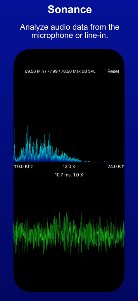 Sonance visual music player displaying audio spectrum and waveform analysis