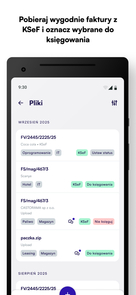 Scanye 2.0 - A mobile interface of Scanye 2.0 showing a list of business invoices with tags for accounting and status updates