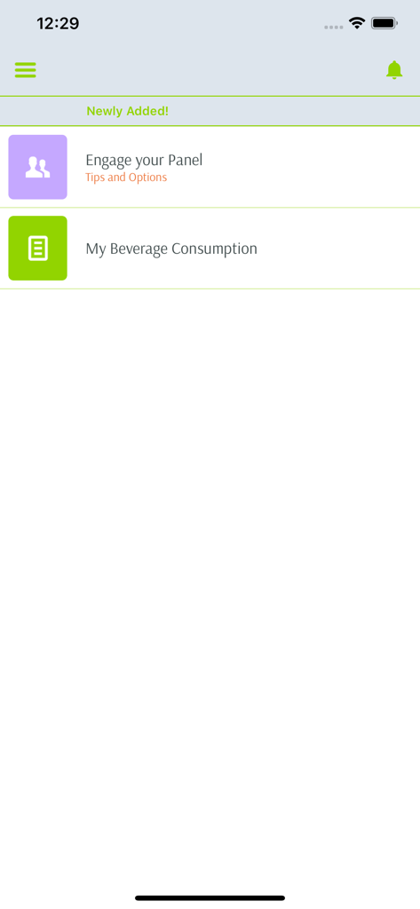 PanelSmart - Pantalla de inicio de la aplicación PanelSmart que muestra las encuestas disponibles sobre el consumo de bebidas y la participación en el panel