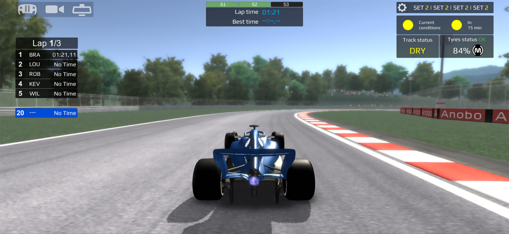 Fx Racer - Gameplay do Fx Racer mostrando um carro de fórmula azul em uma pista com estatísticas de corrida e dados meteorológicos