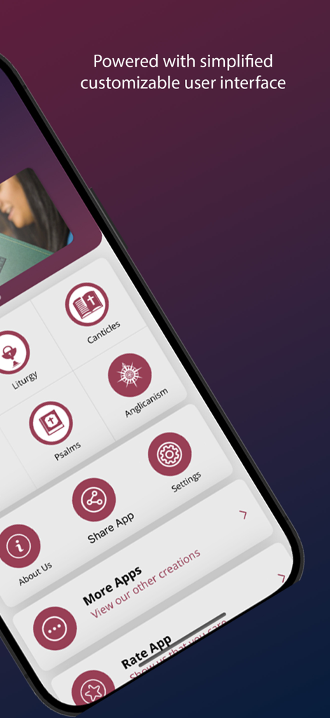 Church Hymnal: Christian Songs - Interfaz móvil de la aplicación Himnario de la Iglesia que muestra un menú simplificado con opciones de Liturgia, Cánticos, Salmos y Anglicanismo