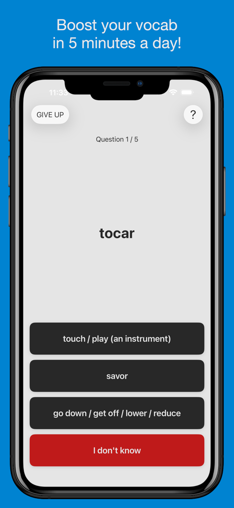 Pro - Basic Spanish Vocabulary - A mobile interface for a Spanish vocabulary quiz showing a multiple choice question for the word tocar