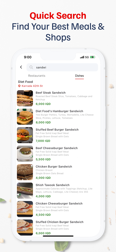 A search results page on the Talabatey app showing various sandwich options and prices in Iraqi Dinar
