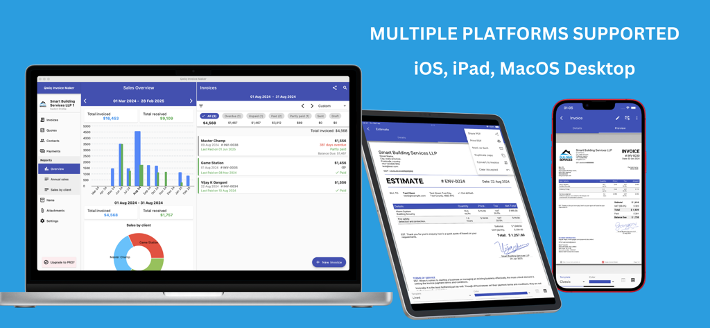 Invoice Simple Invoice Maker app interface displayed across MacBook, iPad, and iPhone devices