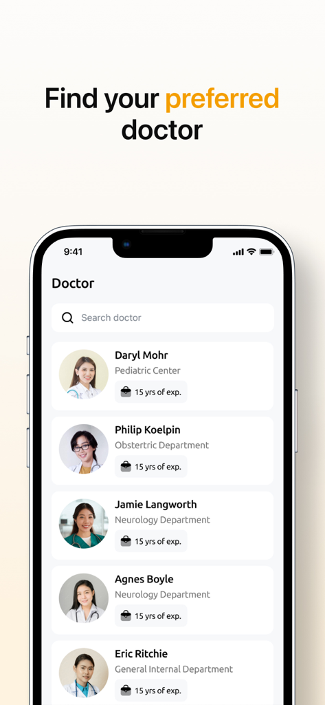 Tela do aplicativo Sunrise Healthcare para encontrar um médico preferido com perfis de funcionários e detalhes do departamento