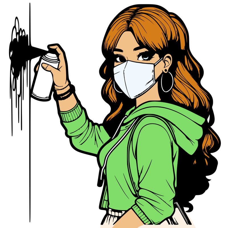 realistic girl with mask spray painting a wall