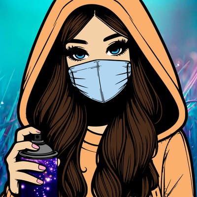 girl wearing a mask with long hair with her hood up spray-painting realistic
