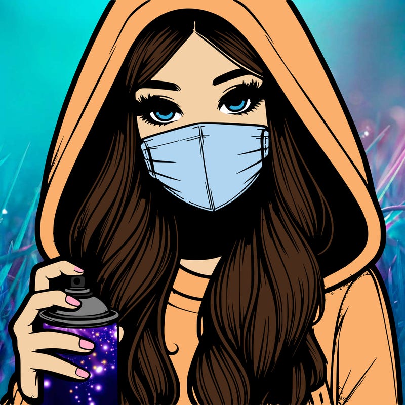 girl wearing a mask with long hair with her hood up spray-painting realistic