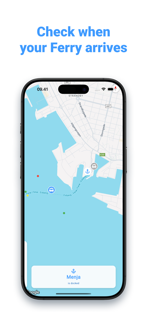 FerryLive: Fanø & Esbjerg - Echtzeit-Kartenansicht der FerryLive-App, die die Fährposition zwischen Esbjerg und Fanø anzeigt