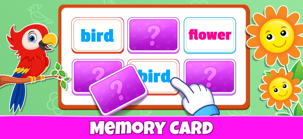Sight Words - Pre-k to 3rd - Un juego de memoria de cartas donde los niños identifican palabras de uso frecuente como 'pájaro' y 'flor'.