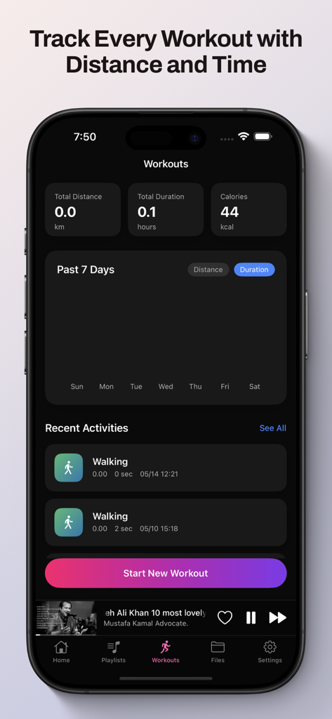 Offline Music Tube Browser - A mobile app interface for tracking workouts including distance time and calories