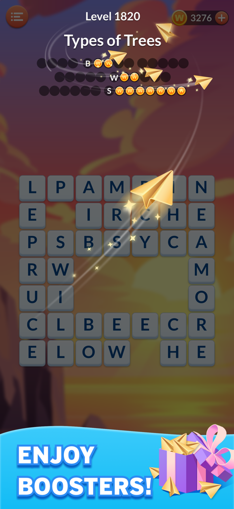 Word Blast: Search Puzzle Game - 황금 종이비행기 부스터와 나무 종류에 대한 단어 퍼즐을 보여주는 Word Blast 게임 플레이 화면