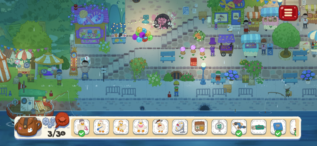 LittleAdventurerTreasureHunt - Una escena de mercado de pueblo dibujada a mano en el juego de objetos ocultos Little Adventurer Treasure Hunt con varios personajes y elementos para encontrar.