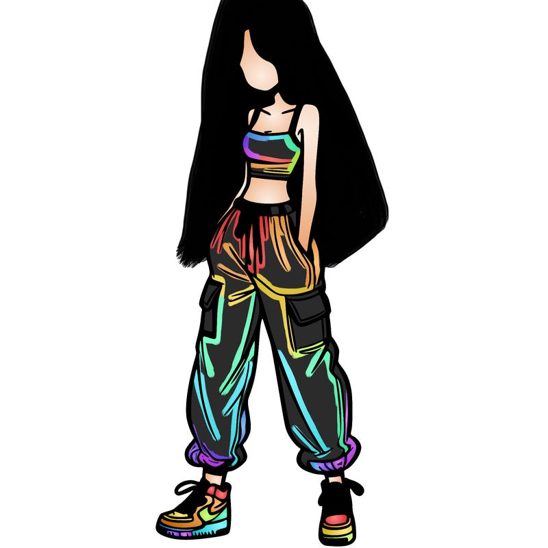 girl in baggy pants crop top and long hair