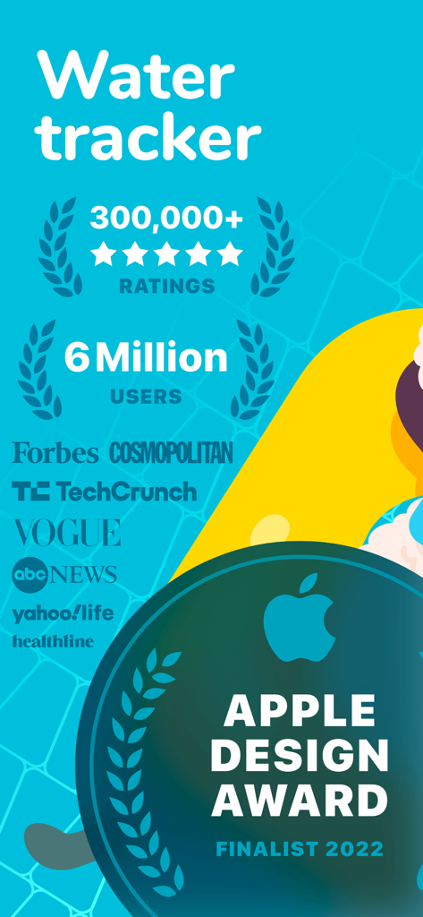 Waterllama app promotional screen highlighting 6 million users and its Apple Design Award Finalist 2022 status