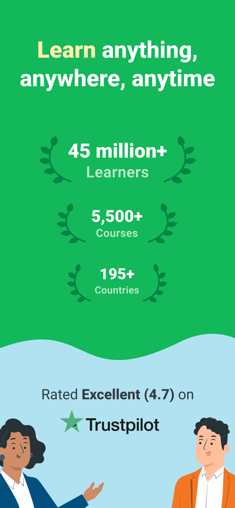 Promotional screen for Alison app showing 45 million learners and an excellent Trustpilot rating.