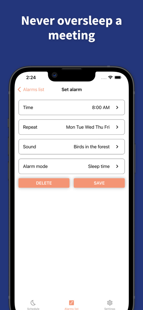 Sleep Cycle - Sleep Calculator - Interfaccia per impostare una sveglia mattutina con suoni naturali nell'app Sleep Cycle.
