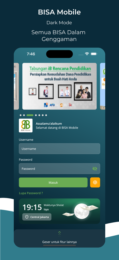 BISA Mobile - BISA Mobile login screen in dark mode with Indonesian banking features