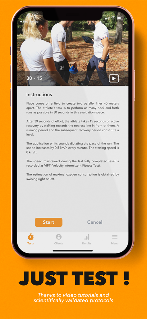 Interfaz móvil de la aplicación Sport Science Test que muestra instrucciones para la Prueba de Aptitud Intermitente 30-15 con tutorial en video.