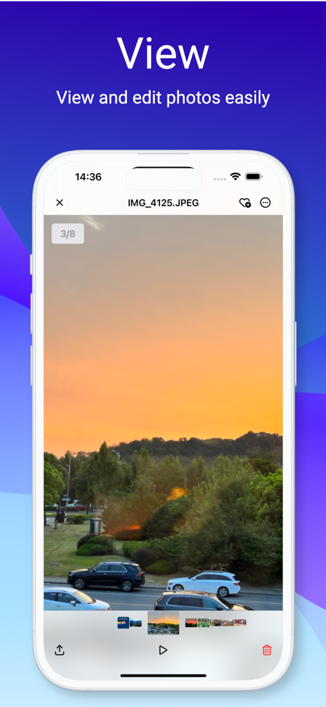 Captura de tela do aplicativo File Hub mostrando um visualizador de fotos exibindo uma paisagem de pôr do sol em um iPhone