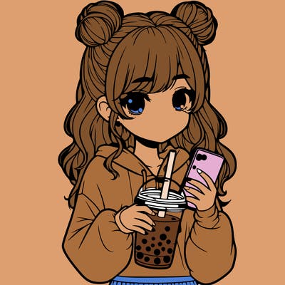 realistic girl with a lphone and boba