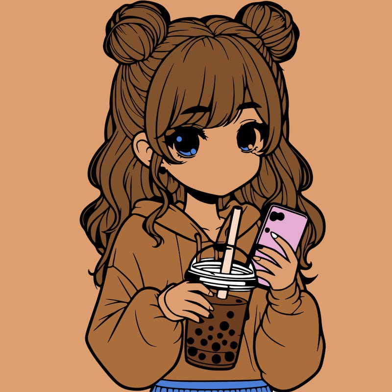 realistic girl with a lphone and boba