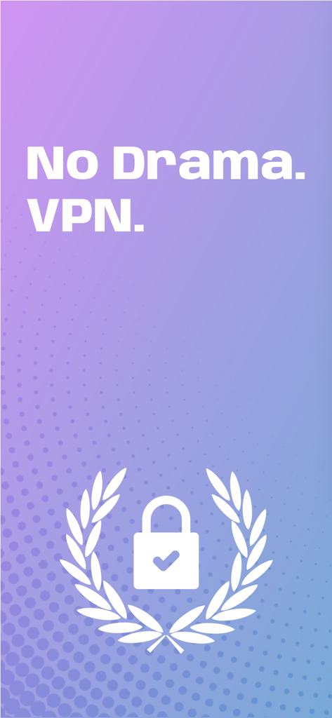 NoDrama VPN - No Drama VPN text and secure lock icon on a purple gradient background