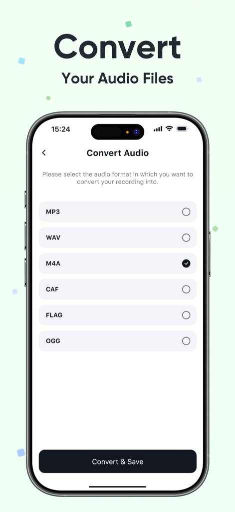Vocalize - Record & Speak - Smartphone screen showing the Vocalize app audio converter feature with a list of file formats like MP3 and WAV