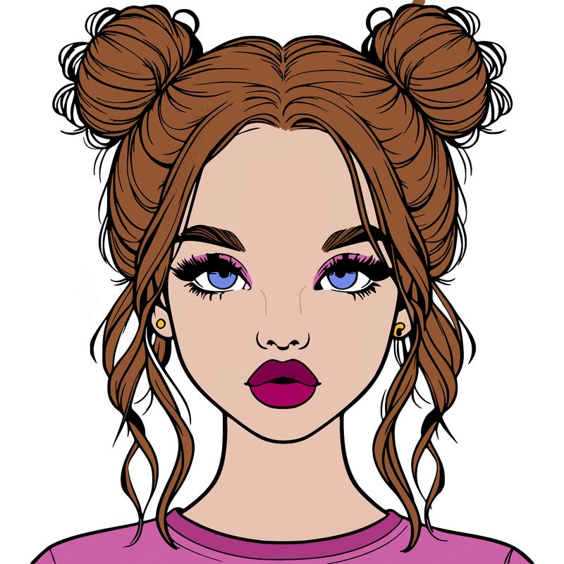 realistic girl with two buns in hair and lips